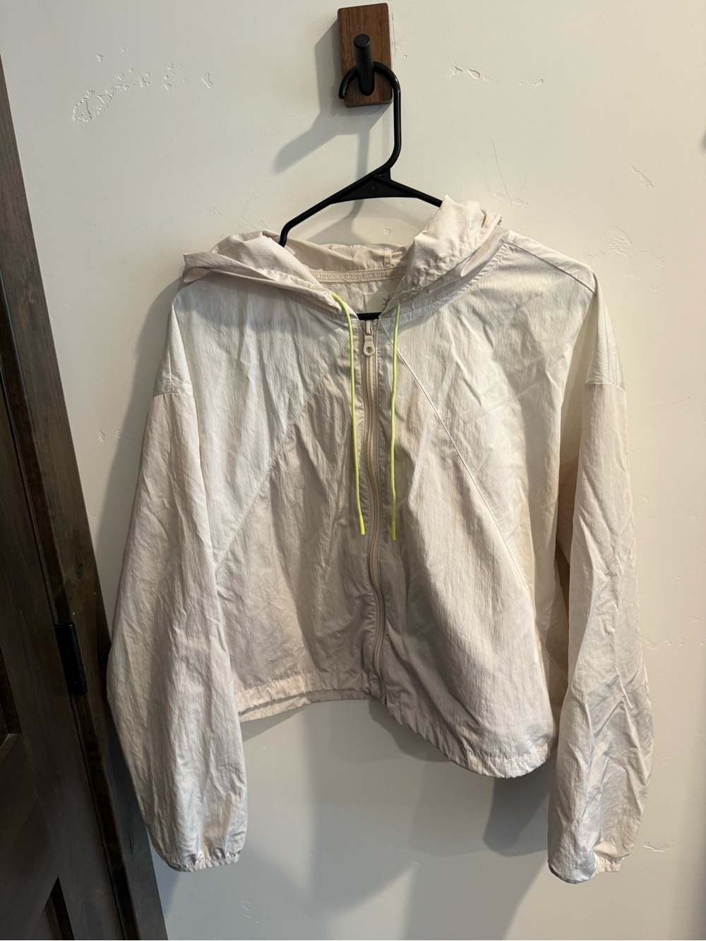 aerie Cream Hooded Cropped Bomber Jacket with Neon Drawcords